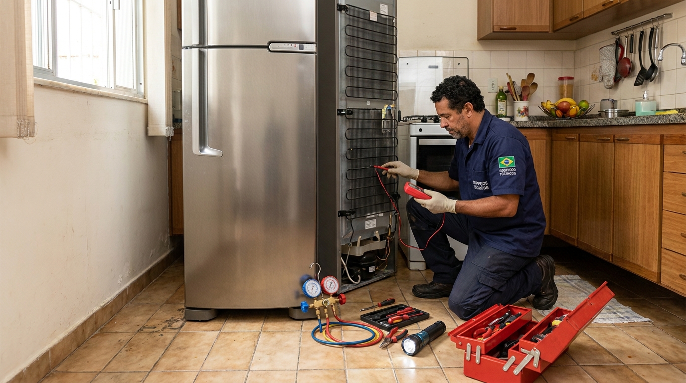 Técnico realizando manutenção de motor de geladeira na Annes, Passo Fundo‑RS